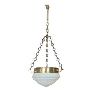 Antique Heavy Brass Neoclassical Milk Glass Dome Hanging Light Fixture 1900’s